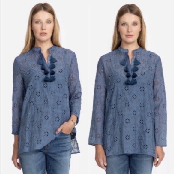 Johnny Was Vidya Ultramarine Blue Eyelet Blouse Tunic Large NWT Pristine - Picture 3 of 6